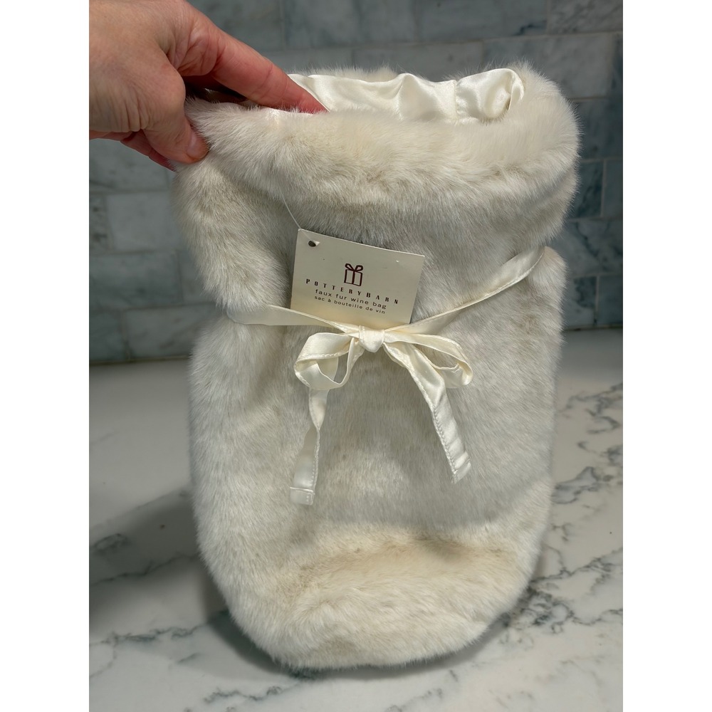 Pottery Barn Faux Fur Wine Bag Ivory Cream Gift Wrap Satin Ribbon NWT